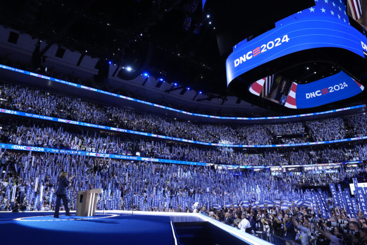 Democratic presidential nominee Vice President Kamala Harris arrives to speak on the final day of the Democratic National Convention, Thursday, Aug. 22, 2024, in Chicago.