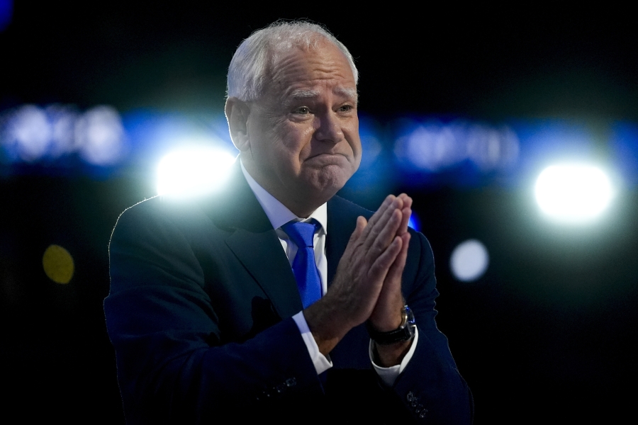 Democratic vice presidential nominee Minnesota Gov. Tim Walz reacts during the Democratic National Convention Wednesday, Aug. 21, 2024, in Chicago.