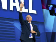 Democratic vice presidential candidate Minnesota Gov. Tim Walz reacts to audience members as he speaks during the third day of the Democratic National Convention in Chicago, on Wednesday, Aug. 21, 2024. (Yalonda M.