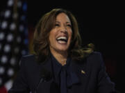 Democratic presidential nominee Vice President Kamala Harris speaks during the Democratic National Convention Thursday, Aug. 22, 2024, in Chicago.