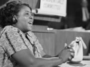 FILE - Fannie Lou Hamer, a leader of the Mississippi Freedom Democratic Party, testifies before the credentials committee of the Democratic National Convention in Atlantic City, N.J., on Aug. 22, 1964, as her racially integrated group challenged the seating of the all-white Mississippi delegation.