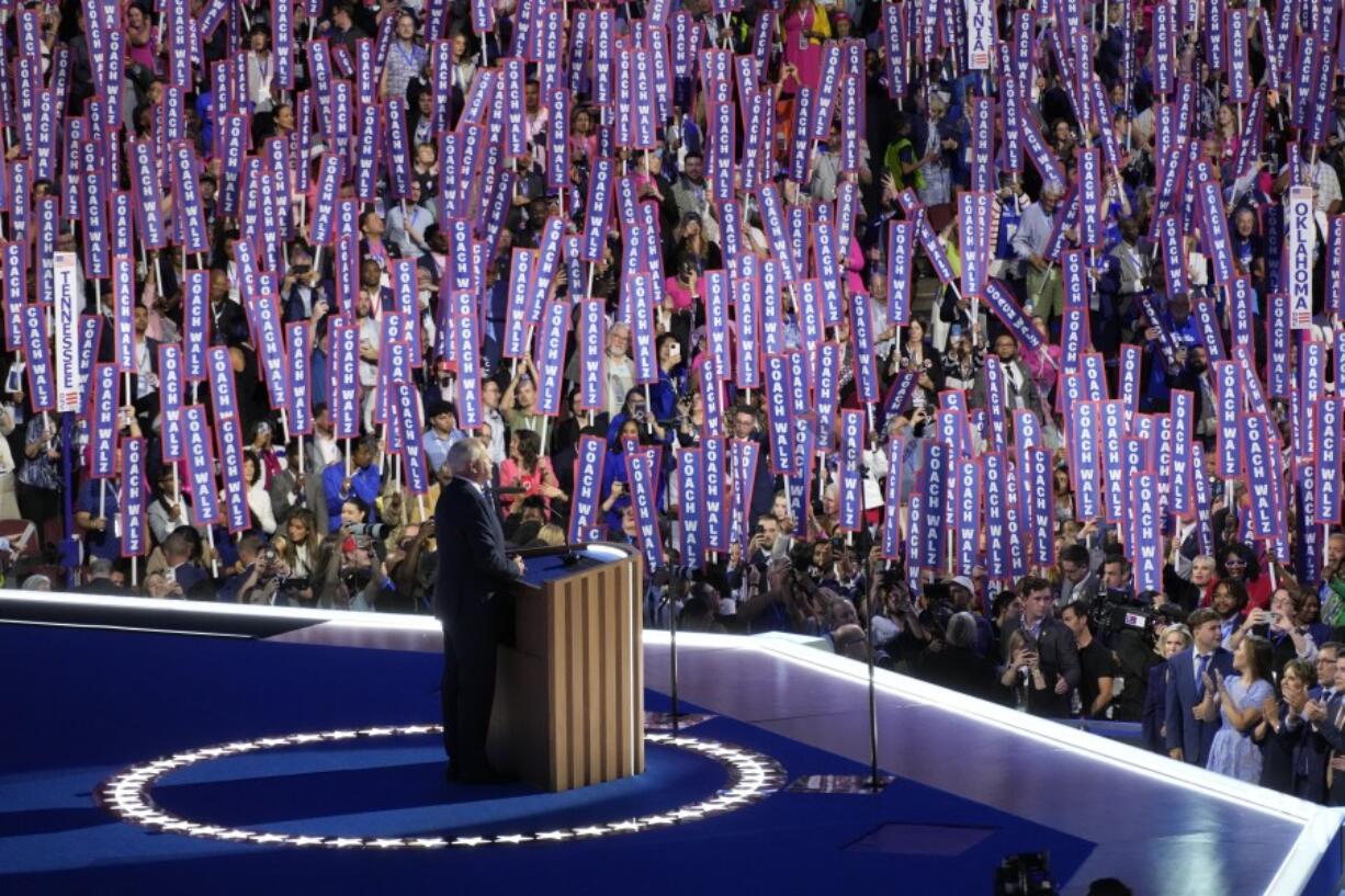 Democratic vice presidential nominee Minnesota Gov. Tim Walz speaks during the Democratic National Convention Wednesday, Aug. 21, 2024, in Chicago.