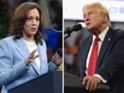 This combination of photos taken at campaign rallies in Atlanta shows Vice President Kamala Harris on July 30, 2024, left, and Republican presidential candidate former President Donald Trump on Aug. 3.