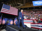 FILE - Republican presidential candidate former President Donald Trump arrives to speak at a campaign rally, July 31, 2024, in Harrisburg, Pa. Facing the need to win Pennsylvania, Vice President Kamala Harris has sworn off any prior assertion that she opposed fracking. But that hasn&rsquo;t stopped Trump from wielding her now-abandoned position as to win over working-class voters in the key battleground state where the industry means jobs.