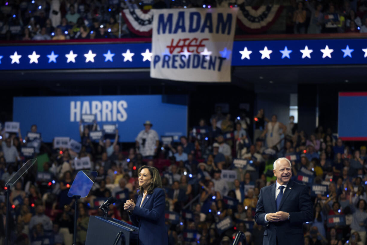 Democratic presidential nominee Vice President Kamala Harris and her running mate Minnesota Gov. Tim Walz appear at a campaign rally in Philadelphia, Tuesday, Aug. 6, 2024.