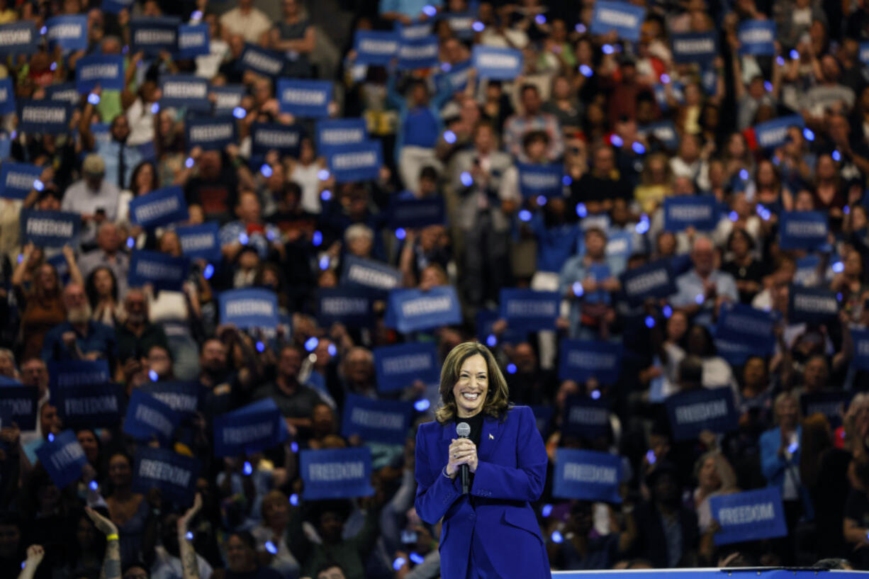 Democratic presidential nominee Vice President Kamala Harris speaks at the Fiserv Forum during a campaign rally in Milwaukee, Tuesday, Aug. 20, 2024.