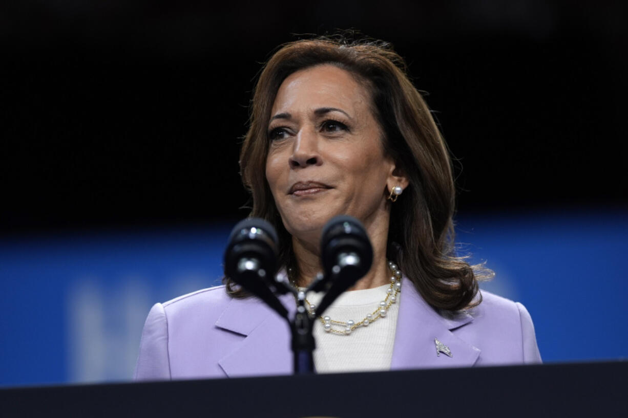 Democratic presidential nominee Vice President Kamala Harris speaks at a campaign rally, Saturday, Aug. 10, 2024, in Las Vegas.