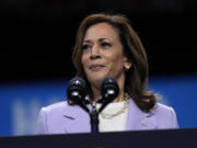 Democratic presidential nominee Vice President Kamala Harris speaks at a campaign rally, Saturday, Aug. 10, 2024, in Las Vegas.