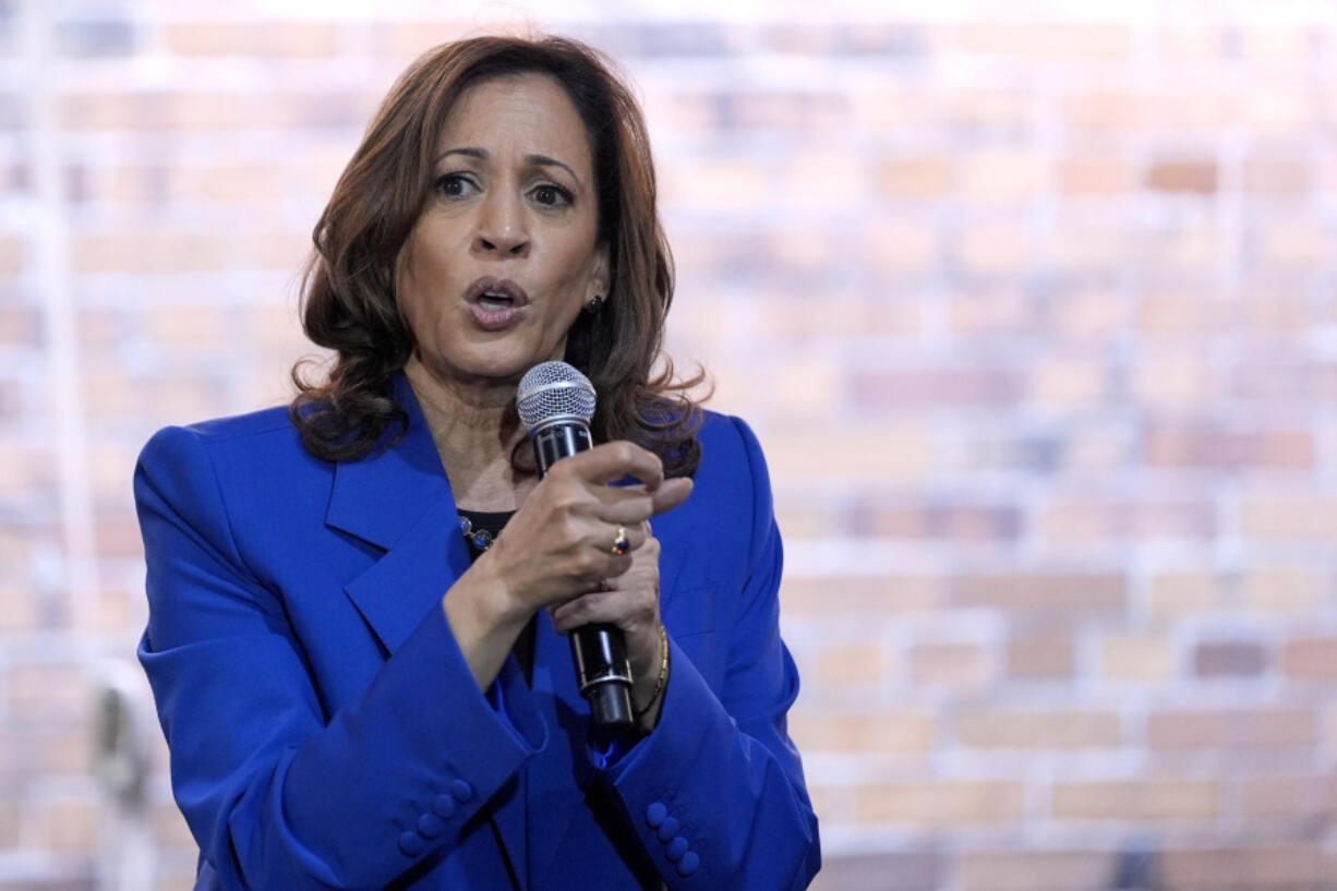 Democratic presidential nominee Vice President Kamala Harris speaks at a campaign event, Sunday, Aug. 18, 2024, in Rochester, Pa.