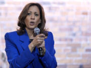 Democratic presidential nominee Vice President Kamala Harris speaks at a campaign event, Sunday, Aug. 18, 2024, in Rochester, Pa.