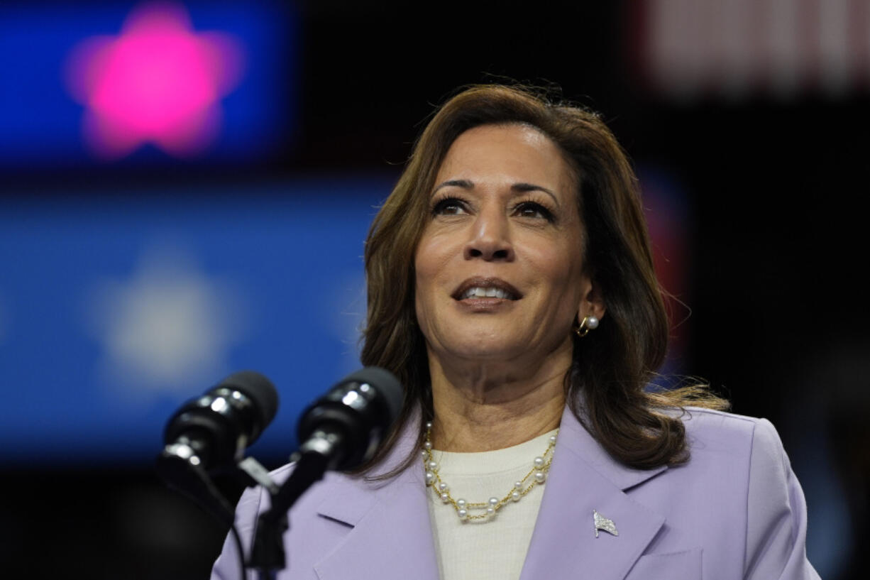 Democratic presidential nominee Vice President Kamala Harris speaks at a campaign rally, Saturday, Aug. 10, 2024, in Las Vegas.