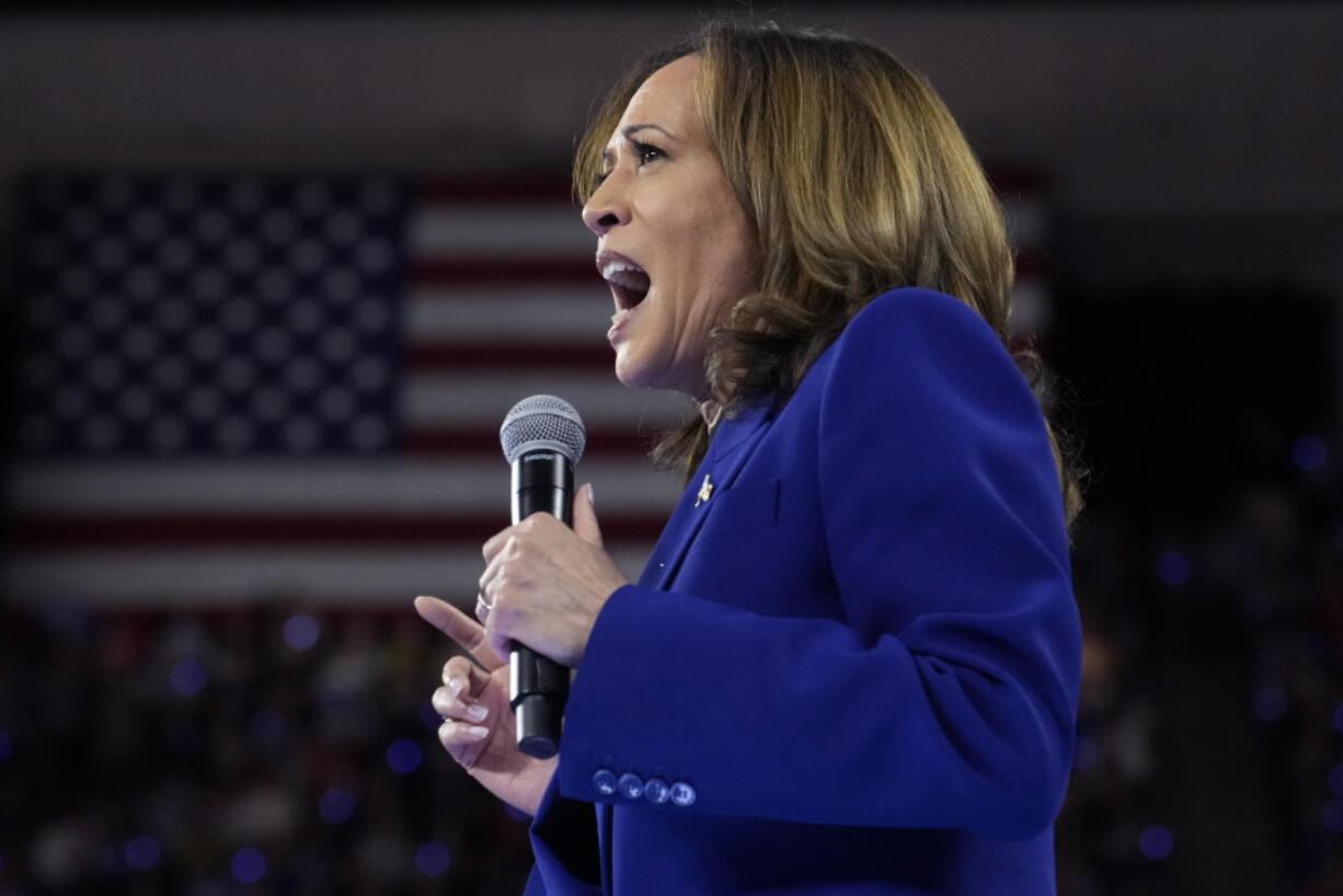 Democratic presidential nominee Vice President Kamala Harris speaks at the Fiserv Forum during a campaign rally in Milwaukee, Tuesday, Aug. 20, 2024.