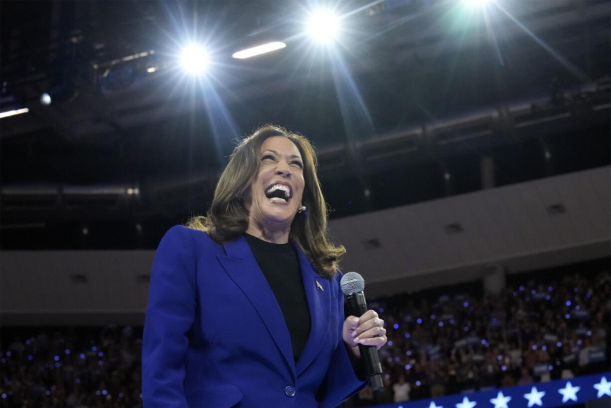 Democratic presidential nominee Vice President Kamala Harris speaks at the Fiserv Forum during a campaign rally in Milwaukee, Tuesday, Aug. 20, 2024.