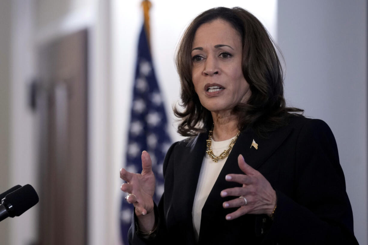 FILE - Vice President Kamala Harris speaks in the Eisenhower Executive Office Building on the White House complex in Washington, June 17, 2024.