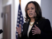 FILE - Vice President Kamala Harris speaks in the Eisenhower Executive Office Building on the White House complex in Washington, June 17, 2024.