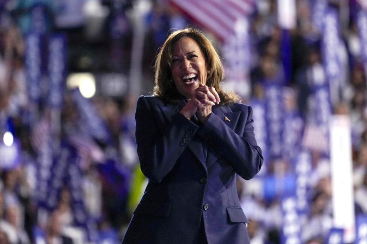 FILE - Democratic presidential nominee Vice President Kamala Harris appears on stage during the Democratic National Convention, Aug. 22, 2024, in Chicago.