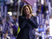 FILE - Democratic presidential nominee Vice President Kamala Harris appears on stage during the Democratic National Convention, Aug. 22, 2024, in Chicago.