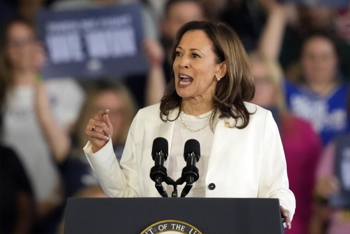 FILE - Democratic presidential nominee Vice President Kamala Harris speaks at a campaign rally, Aug. 7, 2024, in Romulus, Mich.