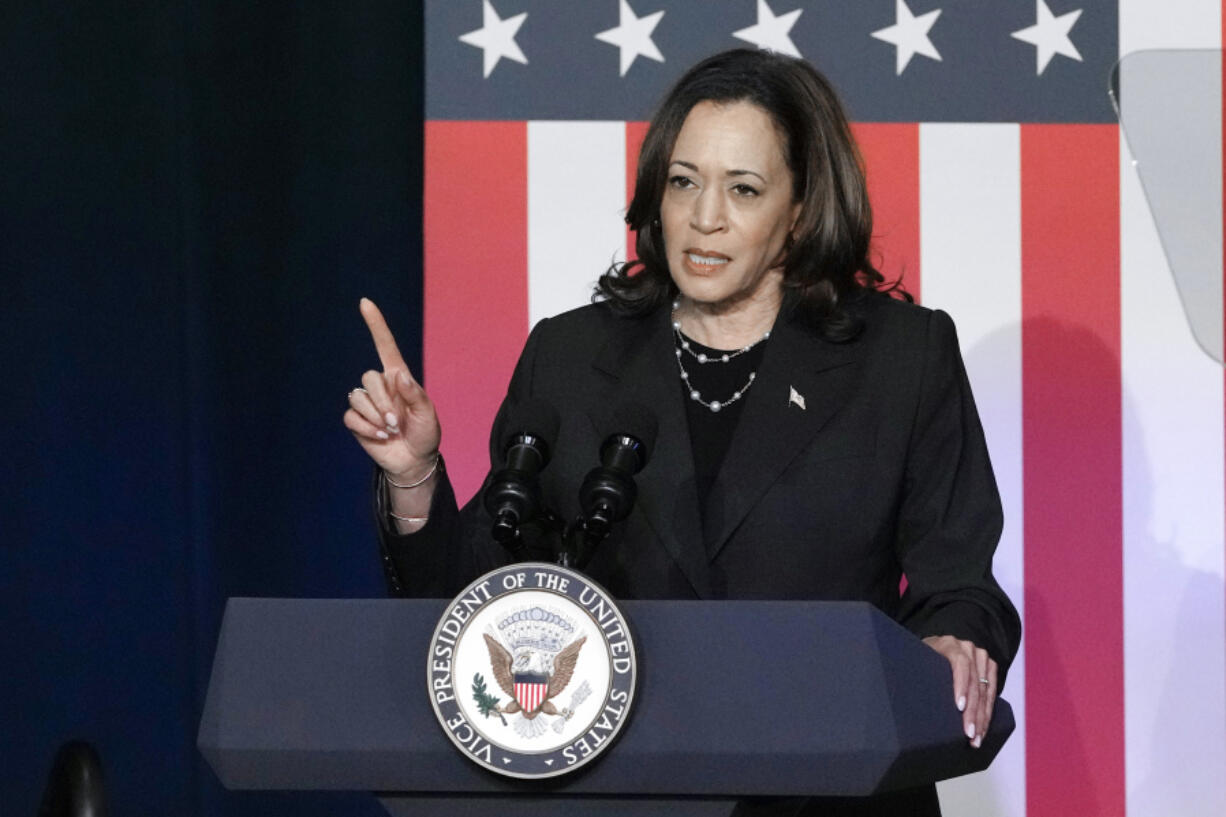 FILE - Vice President Kamala Harris speaks at a campaign event, July 17, 2024, in Kalamazoo, Mich. Harris&rsquo; views on important issues have shifted since she first ran for president four years ago. Back then, she took a variety of liberal positions on issues involving crime, energy and immigration. However, she generally charted a more moderate path after becoming vice president under President Joe Biden.