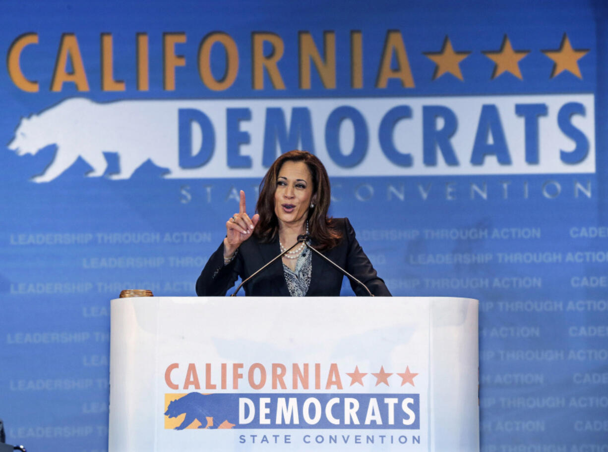 FILE - California State Attorney General Kamala Harris speaks to California Democrats, May 16, 2015, in Anaheim, Calif. Harris, the daughter of immigrants who rose through the California political and law enforcement ranks to become the first female vice president in U.S. history, is poised to secure the Democratic Party&rsquo;s presidential nomination Monday, Aug. 5, 2024.