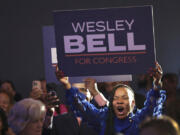 Wesley Bell supporter Shawntelle Fisher cheers for Bell as he wins the Democratic congressional primary against incumbent U.S. Rep. Cori Bush on Tuesday, Aug. 6, 2024 at the Marriott Grand Hotel in downtown St. Louis. (Robert Cohen/St.