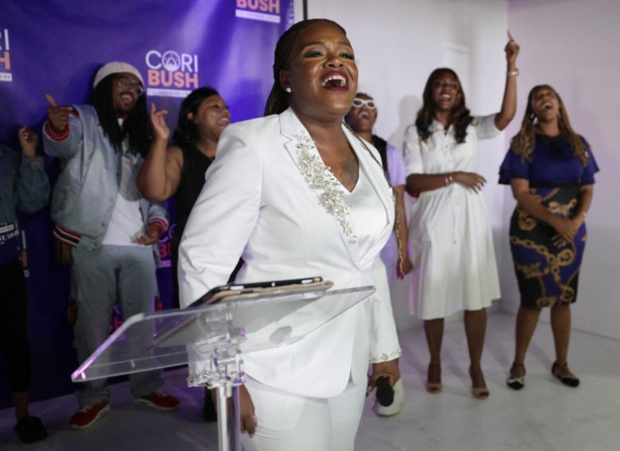 U.S. Rep. Cori Bush addresses her supporters on Tuesday, Aug. 6, 2024, at an election watch party at Chevre Events in downtown St. Louis. (Christian Gooden/St.