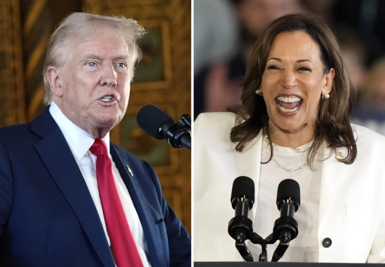 Republican presidential nominee former President Donald Trump speaks to reporters during a news conference, Aug. 8, 2024, in Palm Beach, Fla., left, and Democratic presidential nominee Vice President Kamala Harris speaks at a campaign rally, Aug. 7, 2024, in Romulus, Mich.