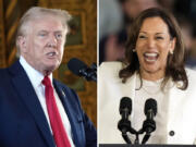 Republican presidential nominee former President Donald Trump speaks to reporters during a news conference, Aug. 8, 2024, in Palm Beach, Fla., left, and Democratic presidential nominee Vice President Kamala Harris speaks at a campaign rally, Aug. 7, 2024, in Romulus, Mich.