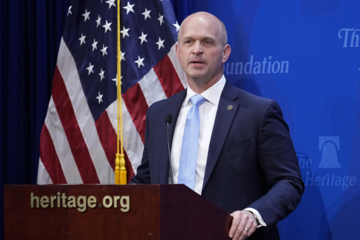 FILE - Kevin Roberts, president of The Heritage Foundation, speaks at the 2023 Margaret Thatcher Freedom Lecture in Washington, April 12, 2023. Roberts said Thursday, July 18, 2024, that most political violence committed in the U.S. in the past 25 years was the work of left-wing groups or individuals. But 2022 research shows that right-wing extremists are actually more likely to commit violence. (AP Photo/J.