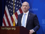 FILE - Kevin Roberts, president of The Heritage Foundation, speaks at the 2023 Margaret Thatcher Freedom Lecture in Washington, April 12, 2023. Roberts said Thursday, July 18, 2024, that most political violence committed in the U.S. in the past 25 years was the work of left-wing groups or individuals. But 2022 research shows that right-wing extremists are actually more likely to commit violence. (AP Photo/J.