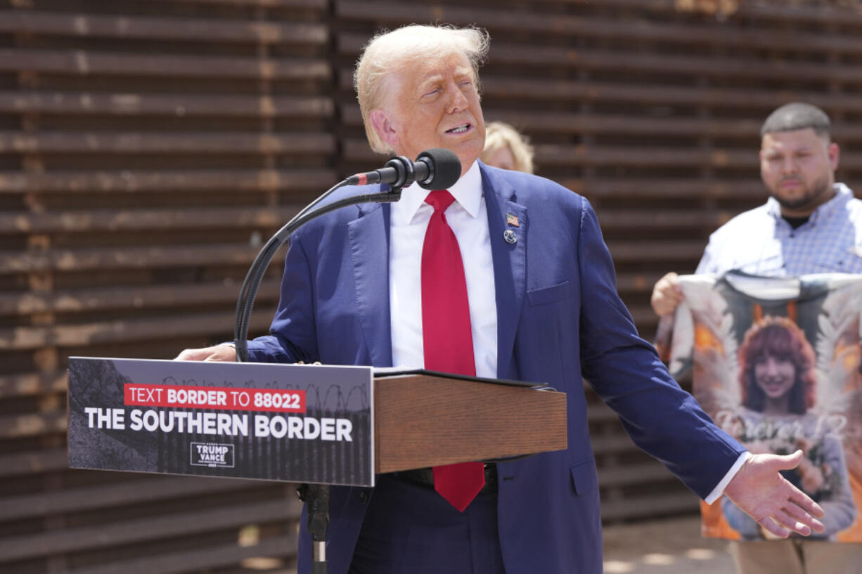 Former President Donald Trump speaks during a campaign event in front of the US-Mexico border, Thursday, Aug 22, 2024, in Sierra Vista, Arizona.