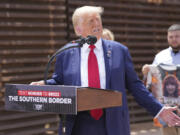 Former President Donald Trump speaks during a campaign event in front of the US-Mexico border, Thursday, Aug 22, 2024, in Sierra Vista, Arizona.