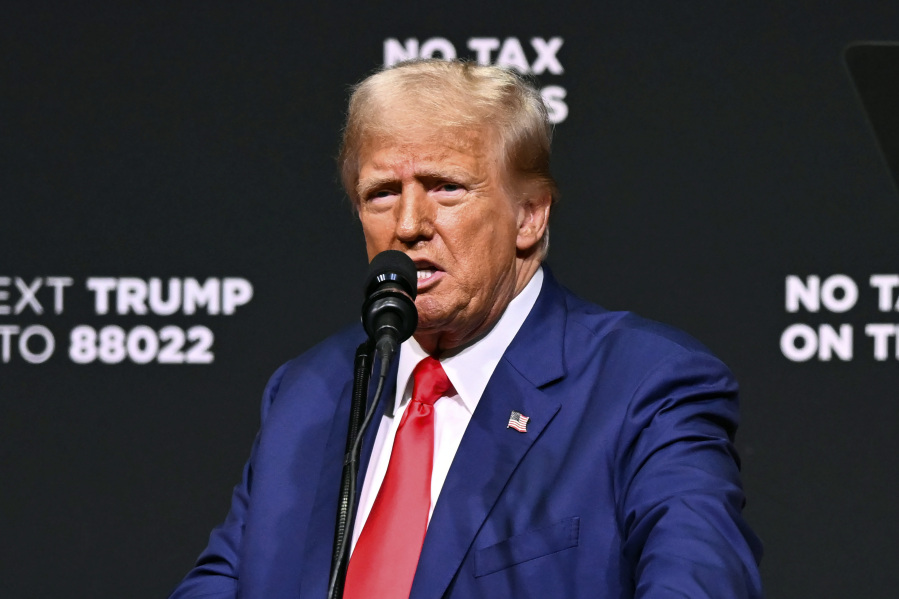 Republican presidential nominee former President Donald Trump speaks at a campaign rally Wednesday, Aug. 14, 2024, in Asheville, N.C.