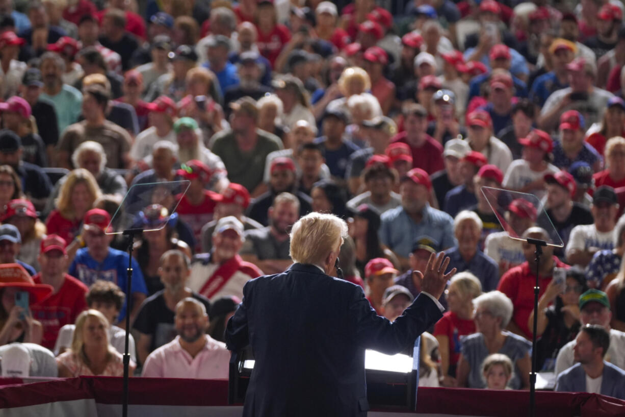 Republican presidential candidate former President Donald Trump speaks at a campaign rally, Wednesday, July 31, 2024, in Harrisburg, Pa.