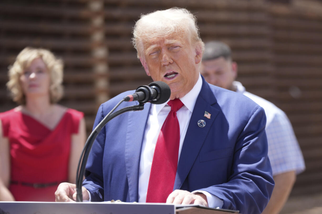 Former President Donald Trump speaks during a campaign event in front of the US-Mexico border, Thursday, Aug 22, 2024, in Sierra Vista, Arizona.