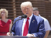 Former President Donald Trump speaks during a campaign event in front of the US-Mexico border, Thursday, Aug 22, 2024, in Sierra Vista, Arizona.