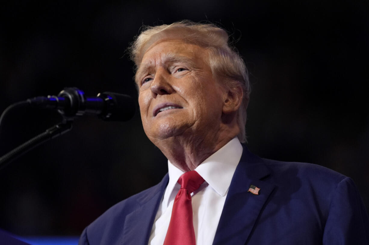 Republican presidential nominee former President Donald Trump speaks at a campaign rally at the Mohegan Sun Arena at Casey Plaza, Saturday, Aug. 17, 2024, in Wilkes-Barre, Pa.