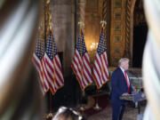 Republican presidential nominee former President Donald Trump speaks to reporters at his Mar-a-Lago estate Thursday, Aug. 8, 2024, in Palm Beach, Fla.