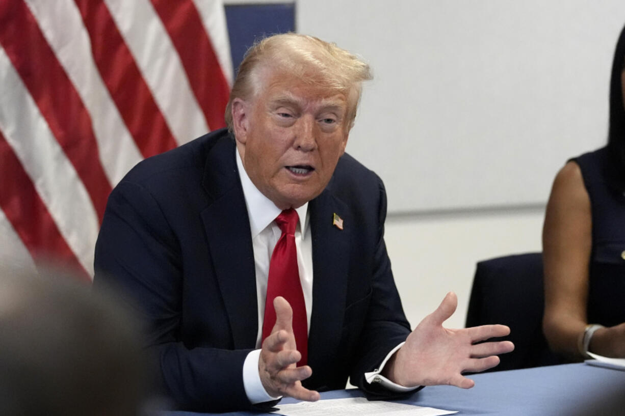 Republican presidential candidate former President Donald Trump speaks during a roundtable discussion with local Black business leaders at a campaign rally at Georgia State University in Atlanta, Saturday, Aug. 3, 2024.