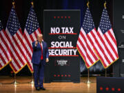 Republican presidential nominee former President Donald Trump arrives before speaking at a campaign rally Wednesday, Aug. 14, 2024, in Asheville, N.C.