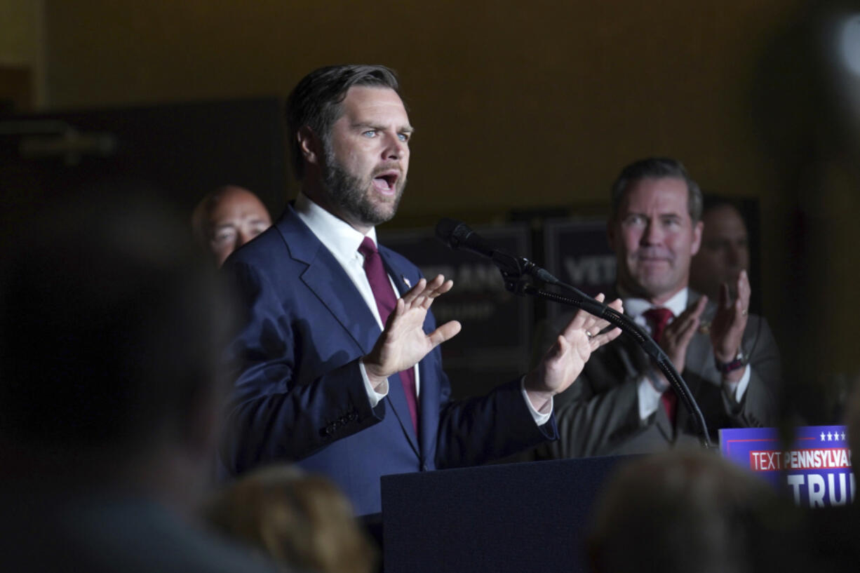 Republican vice presidential nominee Sen. JD Vance, R-Ohio, speaks at a campaign event at VFW Post 92, Thursday, Aug. 15, 2024, in New Kensington, Pa.