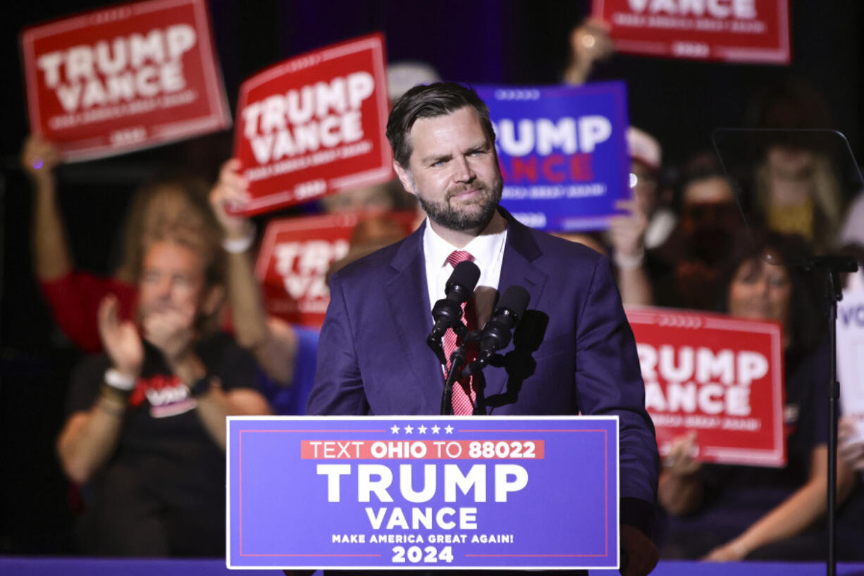 FILE - Republican vice presidential candidate Sen. JD Vance, R-Ohio, speaks during a rally in his home town of Middletown, Ohio,  July 22, 2024. Trump is used to defending himself. But as JD Vance&rsquo;s rocky rollout continues, the Republican presidential nominee is in the rare position this week of having to defend someone else&rsquo;s controversial comments.