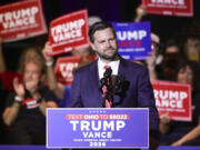 FILE - Republican vice presidential candidate Sen. JD Vance, R-Ohio, speaks during a rally in his home town of Middletown, Ohio,  July 22, 2024. Trump is used to defending himself. But as JD Vance&rsquo;s rocky rollout continues, the Republican presidential nominee is in the rare position this week of having to defend someone else&rsquo;s controversial comments.