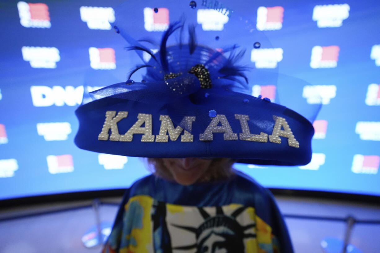 Mississippi delegate Kelly Jacobs wears a hat during the Democratic National Convention, Monday, Aug. 19, 2024, in Chicago.