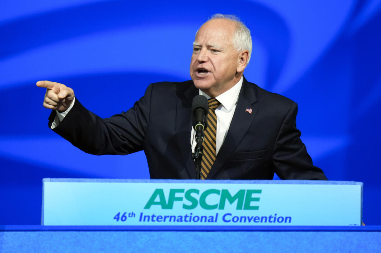 Democratic vice presidential nominee Minnesota Gov. Tim Walz speaks at the American Federation of State, County and Municipal Employees (AFSCME) Convention in Los Angeles, Tuesday, Aug. 13, 2024. (AP Photo/Jae C.