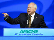 Democratic vice presidential nominee Minnesota Gov. Tim Walz speaks at the American Federation of State, County and Municipal Employees (AFSCME) Convention in Los Angeles, Tuesday, Aug. 13, 2024. (AP Photo/Jae C.