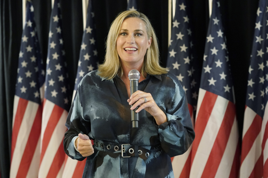 FILE - Republican Tiffany Smiley speaks Aug. 2, 2022, at a Republican Party event on Election Day in Issaquah, Wash. Smiley is seeking to unseat U.S. Rep. Dan Newhouse in the 2024 primary next week. (AP Photo/Ted S.