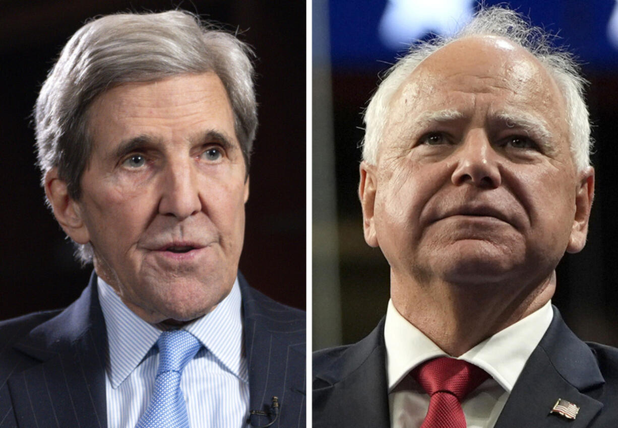 This combination photo shows John Kerry during an interview, Feb. 6, 2024, in Washington, left, and Democratic vice presidential nominee Minnesota Gov. Tim Walz at a campaign rally, Aug. 10, 2024, in Las Vegas.