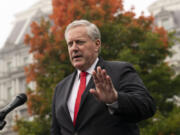 FILE - Then-White House chief of staff Mark Meadows speaks with reporters at the White House,, Oct. 21, 2020, in Washington.