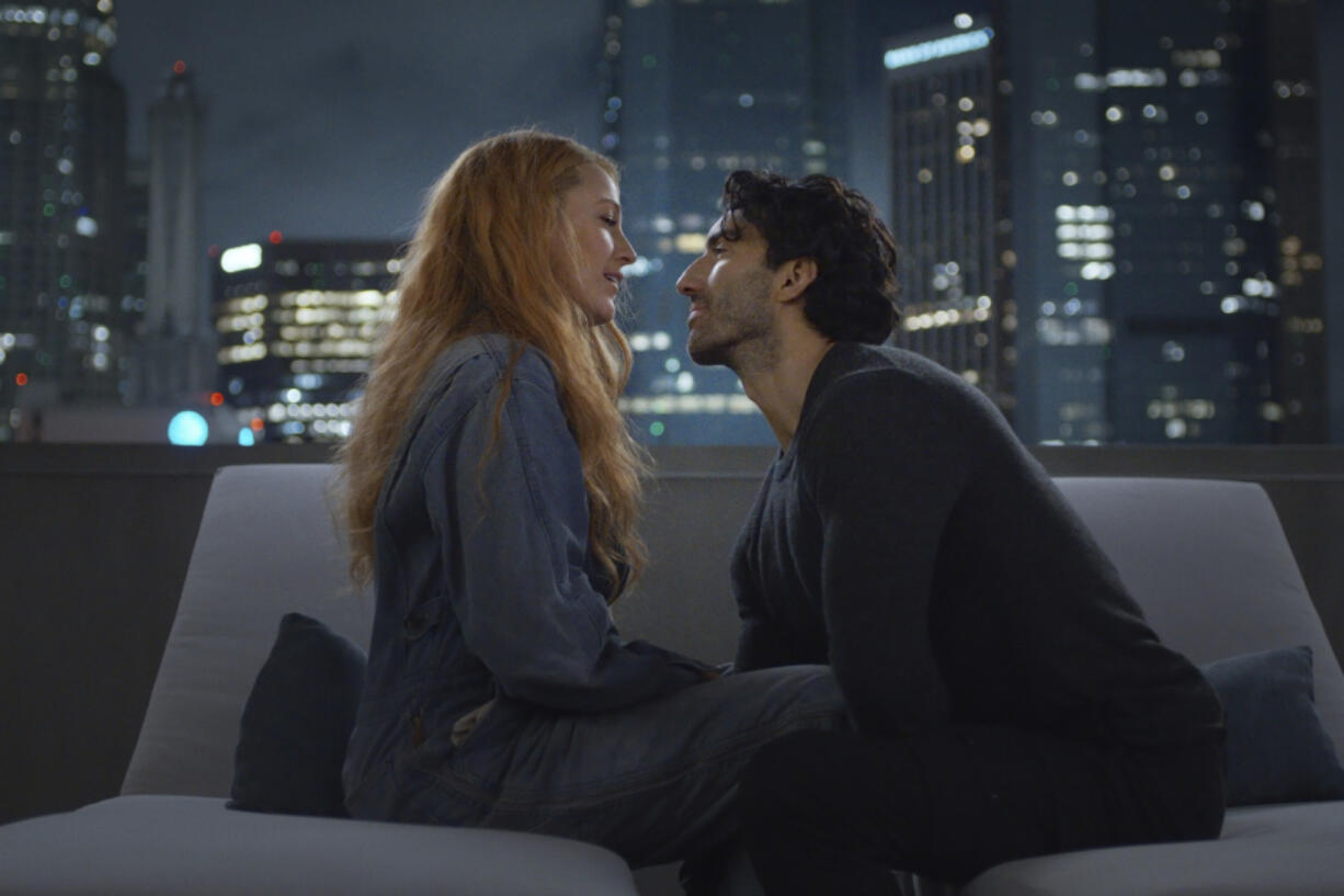 This image released by Sony Pictures shows Justin Baldoni, right, and Blake Lively in a scene from &ldquo;It Ends With Us.&rdquo; (Nicole Rivelli/Sony Pictures via AP)